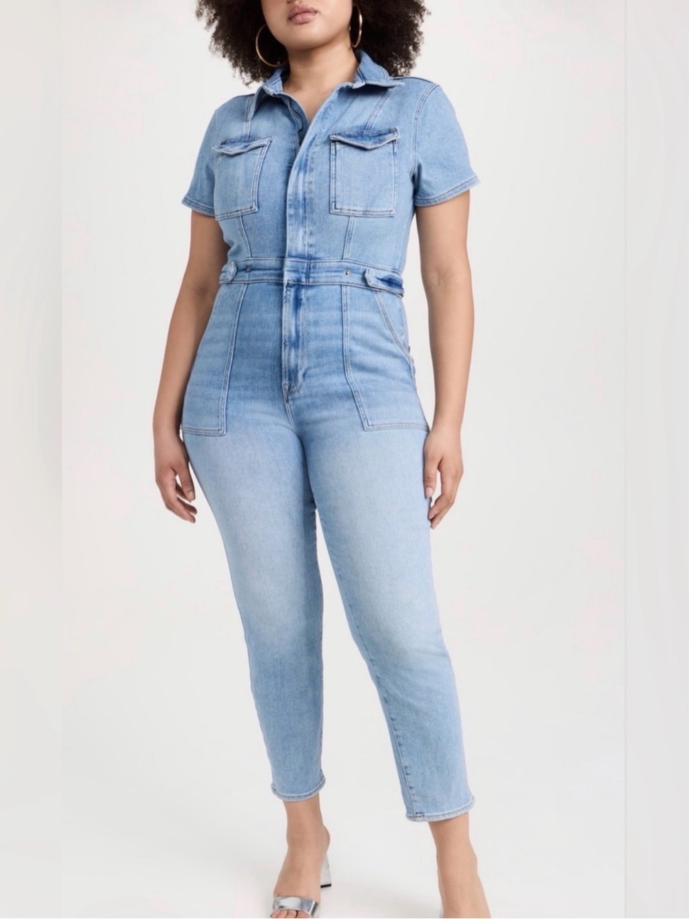 NWT Good American Fit For Success Denimโ Jumpsuit Utility Romper / Blue274 Sz L